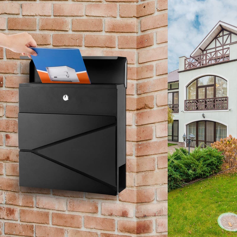 YOOBOX Wall-Mount Mailbox for House Outside, Security Key Drop Box with Lock and Keys, Steel Metal Mail Box with Newspaper Compartment, 14.57 x 14.57 x 4.33 Inch, Black, MD021 X-Large - Image 5