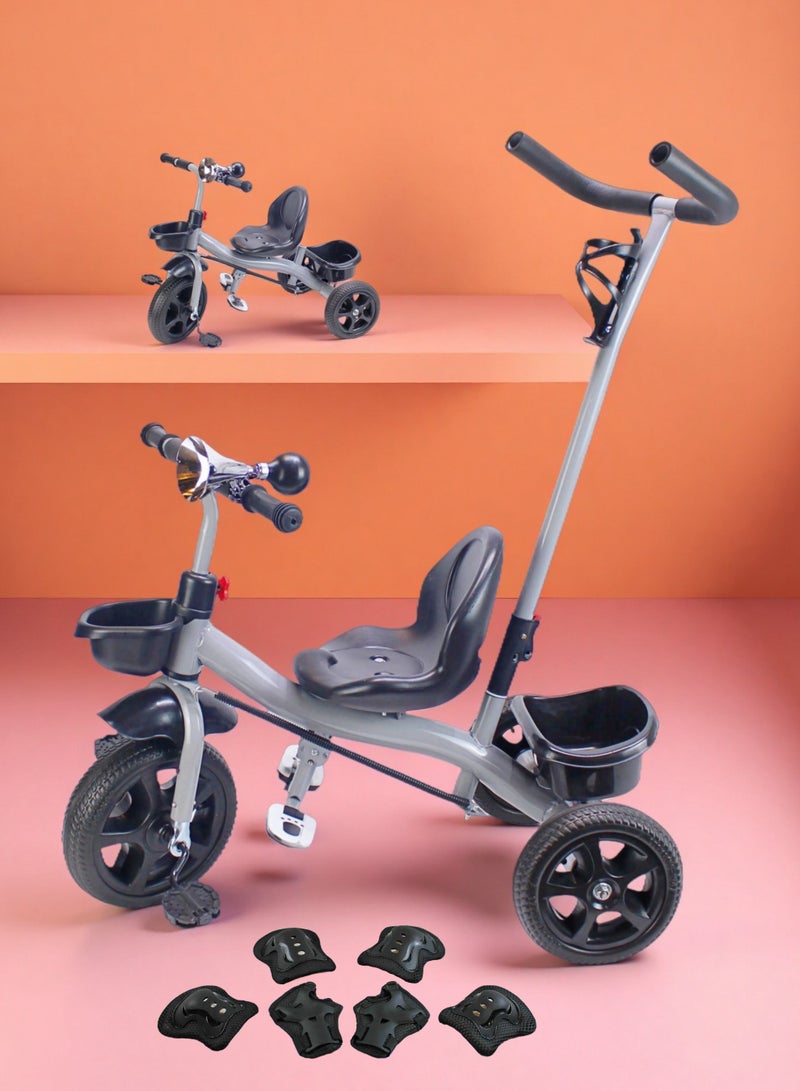 Kids Ride-On Tricycle with Parental Push Handle - Baby Bicycle Toy with Storage Basket Available in Grey, Red & Pink Package Include Protective Gear Set - Image 1