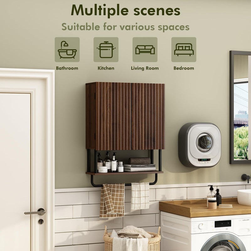 RUSTOWN Fluted Bathroom Wall Cabinet with 2 Doors, 3-Tier Modern Farmhouse Medicine Cabinet, Over The Toilet Storage Cabinet with Adjustable Shelf and Towel Bar (Dark Walnut, Medium) - Image 4