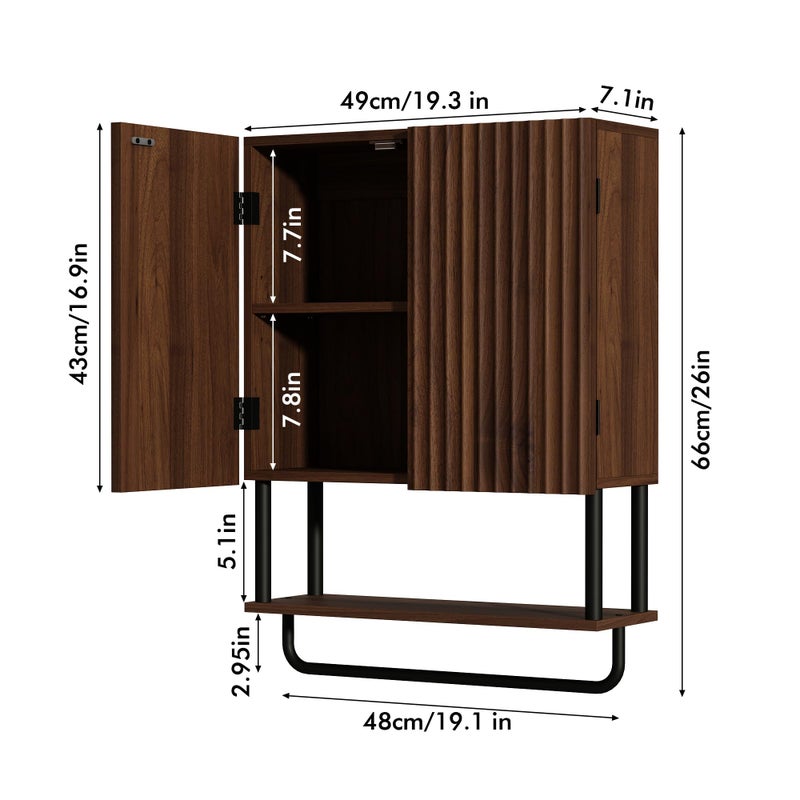 RUSTOWN Fluted Bathroom Wall Cabinet with 2 Doors, 3-Tier Modern Farmhouse Medicine Cabinet, Over The Toilet Storage Cabinet with Adjustable Shelf and Towel Bar (Dark Walnut, Medium) - Image 3