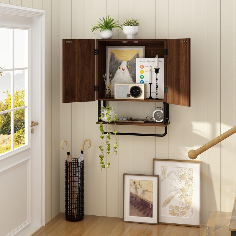 RUSTOWN Fluted Bathroom Wall Cabinet with 2 Doors, 3-Tier Modern Farmhouse Medicine Cabinet, Over The Toilet Storage Cabinet with Adjustable Shelf and Towel Bar (Dark Walnut, Medium) - Image 5