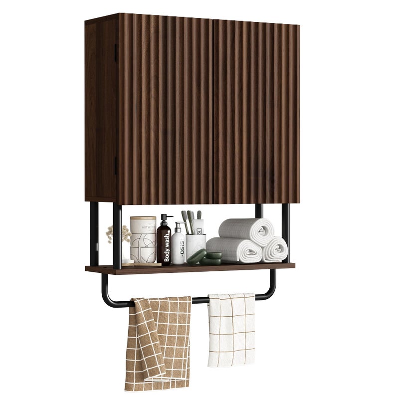 RUSTOWN Fluted Bathroom Wall Cabinet with 2 Doors, 3-Tier Modern Farmhouse Medicine Cabinet, Over The Toilet Storage Cabinet with Adjustable Shelf and Towel Bar (Dark Walnut, Medium) - Image 1