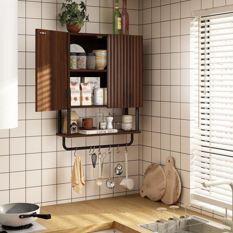 RUSTOWN Fluted Bathroom Wall Cabinet with 2 Doors, 3-Tier Modern Farmhouse Medicine Cabinet, Over The Toilet Storage Cabinet with Adjustable Shelf and Towel Bar (Dark Walnut, Medium) - Image 2
