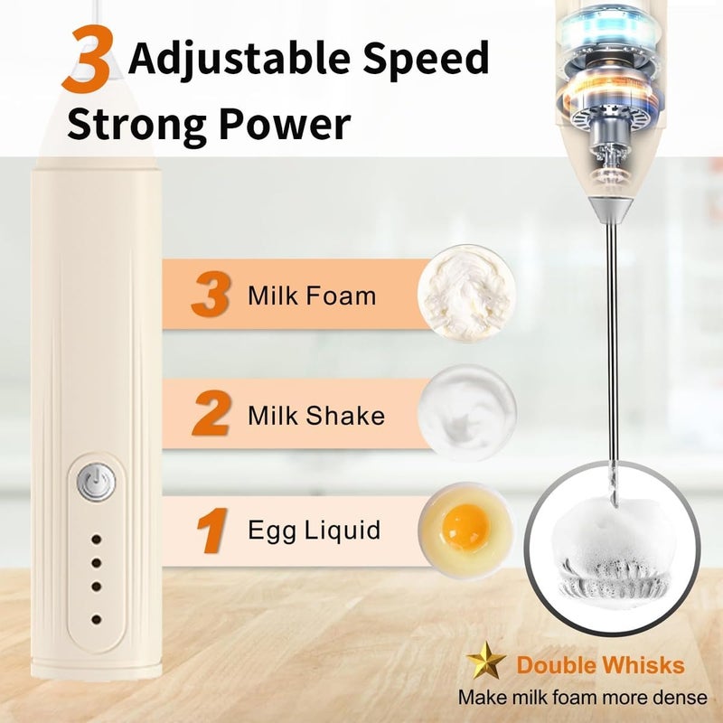 MITCMOLARD Milk Frother, Coffee Mixer, Electric Coffee Whisk, 3 Speeds, Rechargeable, Beige - Image 3