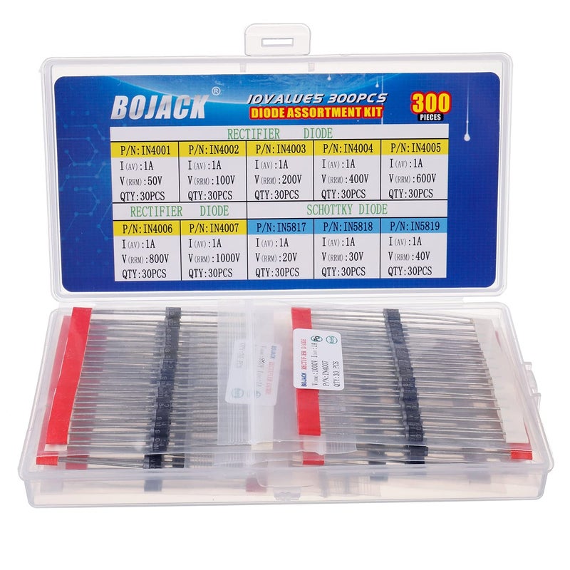 BOJACK 10 Values 300 pcs Rectifier Diodes 1N4001 1N4002 1N4003 1N4004 1N4005 1N4006 1N4007 Schottky Diodes 1N5817 1N5818 1N5819 Assortment Kit - Image 1