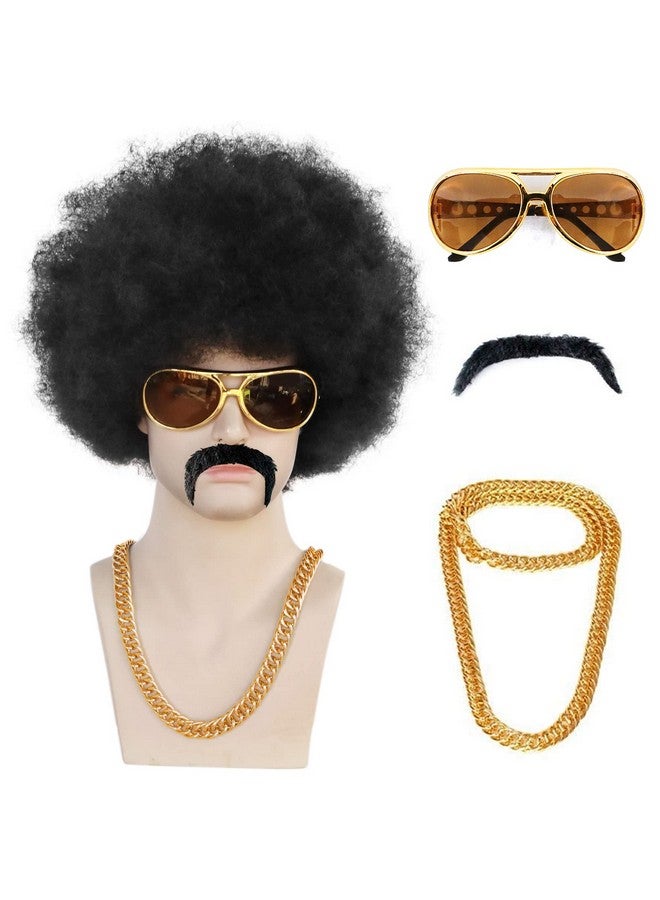 ANOGOL Anogol 5pcs Set (Hair Cap+Glasses+Mustache+Necklace+Wig) Afro Wig Men, 1970s Wig for Men, 70s Wigs for Men, 80s Wigs for Men, Disco Wig for Halloween, Short Curly Black Afro Wigs for Men Party  - Image 1