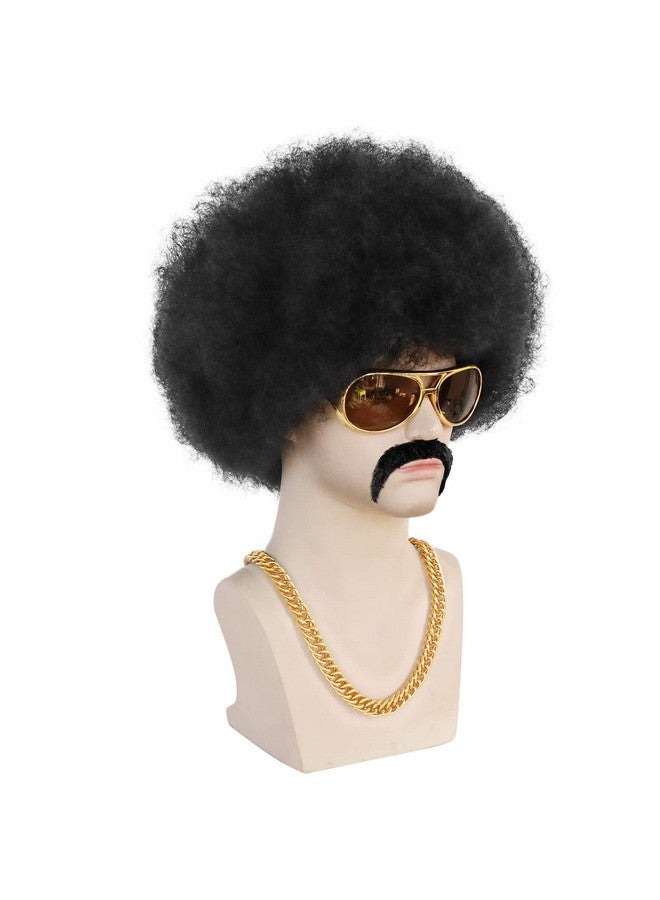 ANOGOL Anogol 5pcs Set (Hair Cap+Glasses+Mustache+Necklace+Wig) Afro Wig Men, 1970s Wig for Men, 70s Wigs for Men, 80s Wigs for Men, Disco Wig for Halloween, Short Curly Black Afro Wigs for Men Party  - Image 4