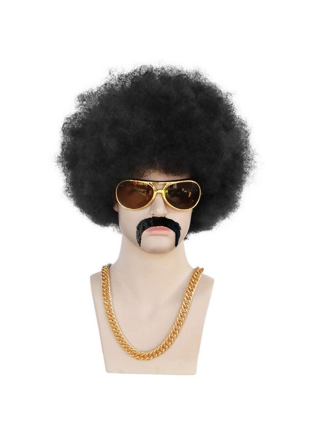 ANOGOL Anogol 5pcs Set (Hair Cap+Glasses+Mustache+Necklace+Wig) Afro Wig Men, 1970s Wig for Men, 70s Wigs for Men, 80s Wigs for Men, Disco Wig for Halloween, Short Curly Black Afro Wigs for Men Party  - Image 3