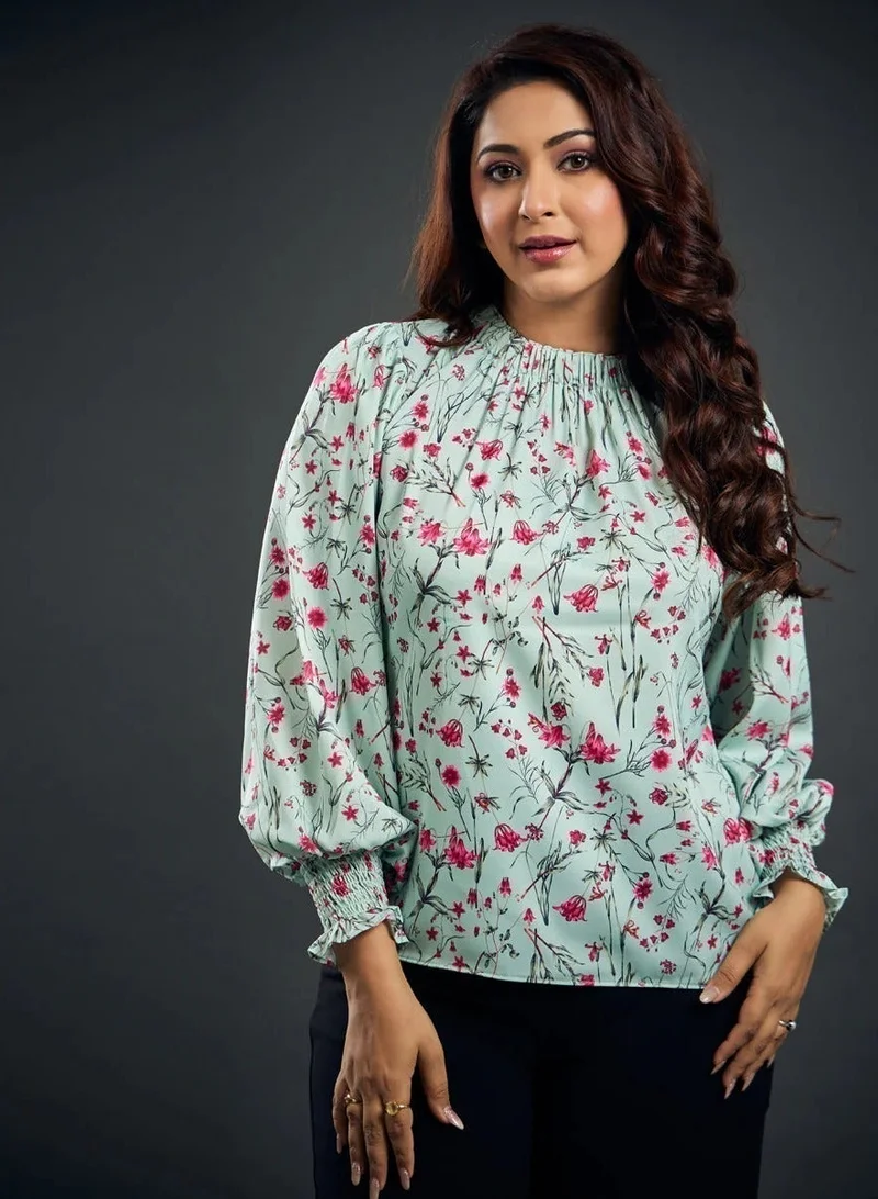 Zigzag Neck Detailed Long Sleeve Printed Satin Smocked Top