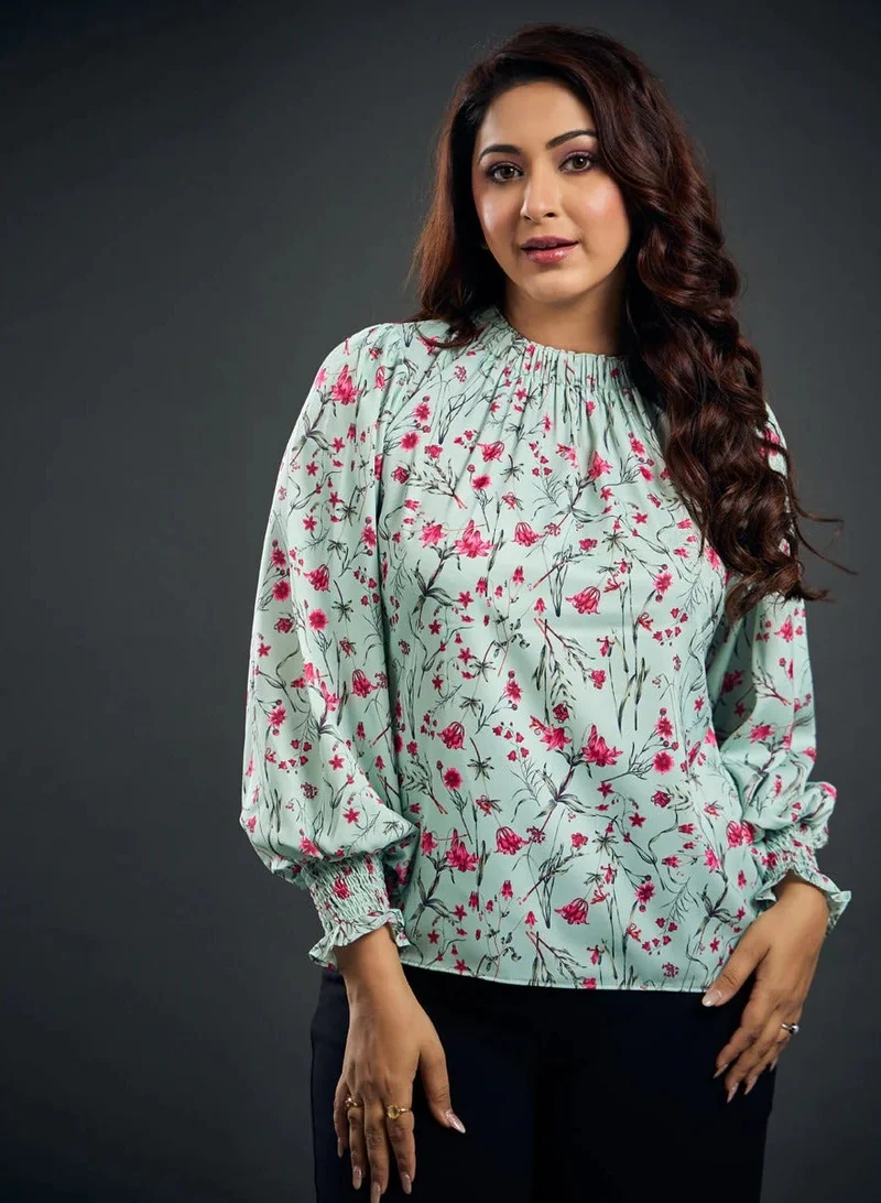 Zigzag Neck Detailed Long Sleeve Printed Satin Smocked Top