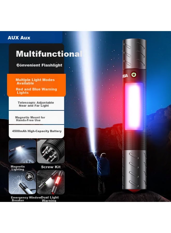 Aux High-power Zoomable Flashlight Outdoor Home Multi-mode Adjustable Long-range Super Long Battery Life Window Breaker Magnetic Emergency Rescue - Image 1