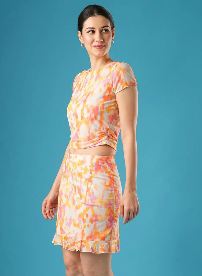 globus Globus Multi Printed Side Ruched Top and Skirt Co-Ords