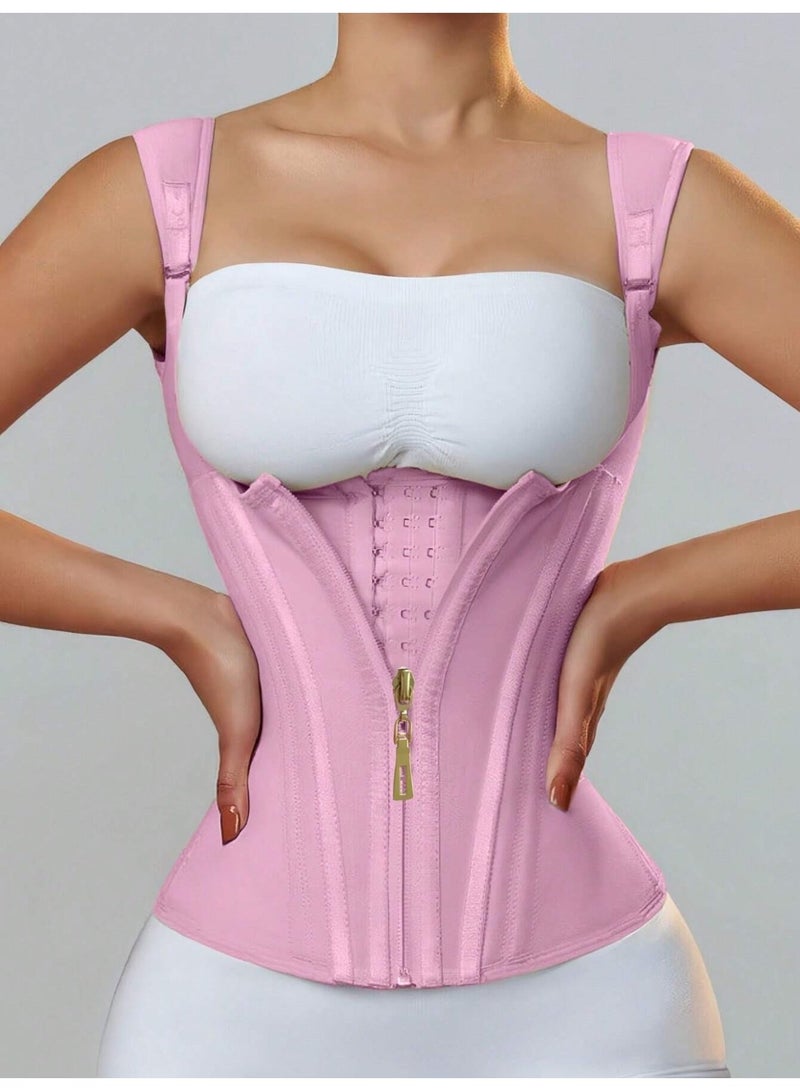 Women Double Layer Waist Trainer Corset, Pink Latex Sweat Waist Belt with Front Zipper & Multi Hooks for Gym Shaping Postpartum Recovery - Image 1