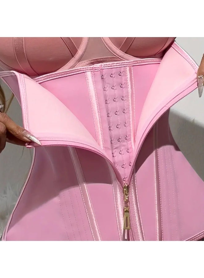 Women Double Layer Waist Trainer Corset, Pink Latex Sweat Waist Belt with Front Zipper & Multi Hooks for Gym Shaping Postpartum Recovery - Image 3