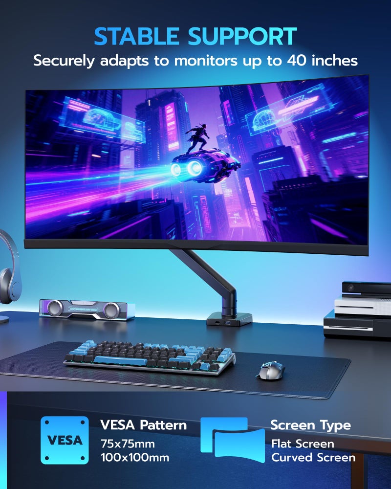 ARES WING Heavy Duty Single Monitor Arm - Fully Adjustable Monitor Mount for 17"-40" Ultrawide Screens up to 26.4 lbs with Clamp/Grommet Desk Mount and USB A/C, 75/100 Vesa Mount, Black - Image 3