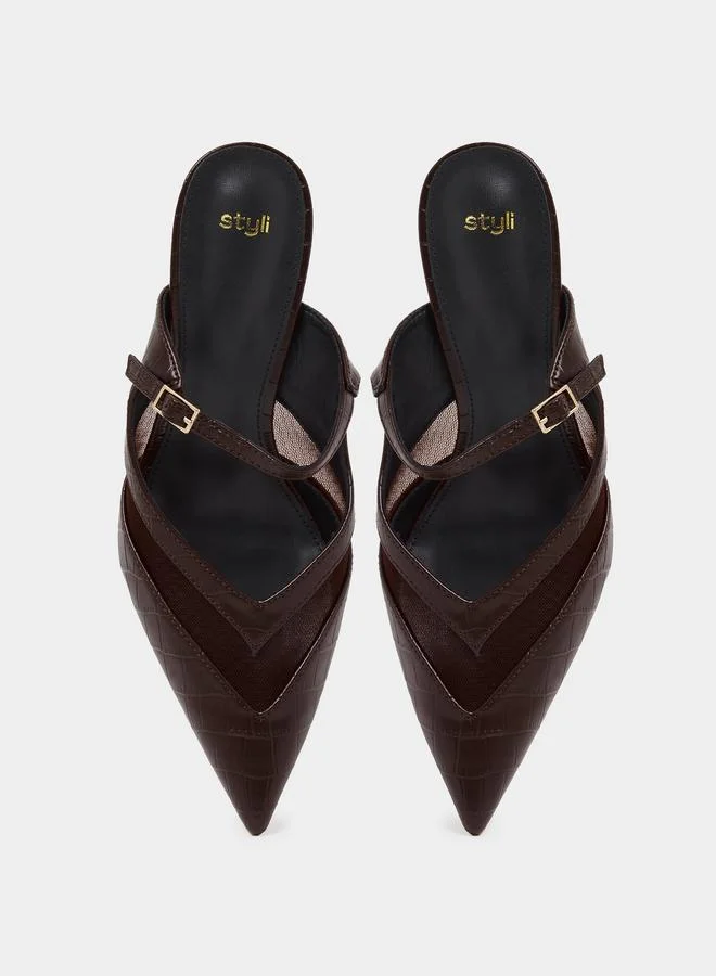 Styli  Brown Mesh Detail High Heel Mules for Women | Best Price UAE