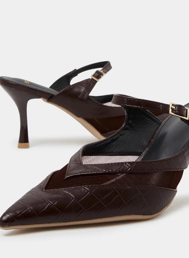Styli  Brown Mesh Detail High Heel Mules for Women | Best Price UAE