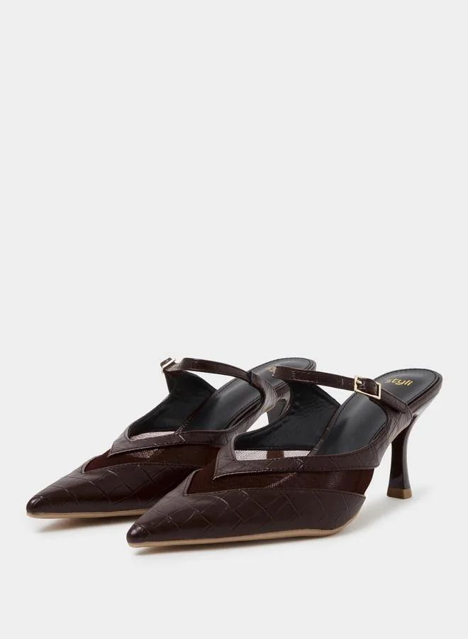 Styli  Brown Mesh Detail High Heel Mules for Women | Best Price UAE
