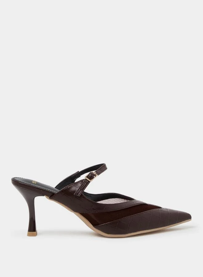 Brown Mesh Detail High Heel Mules
