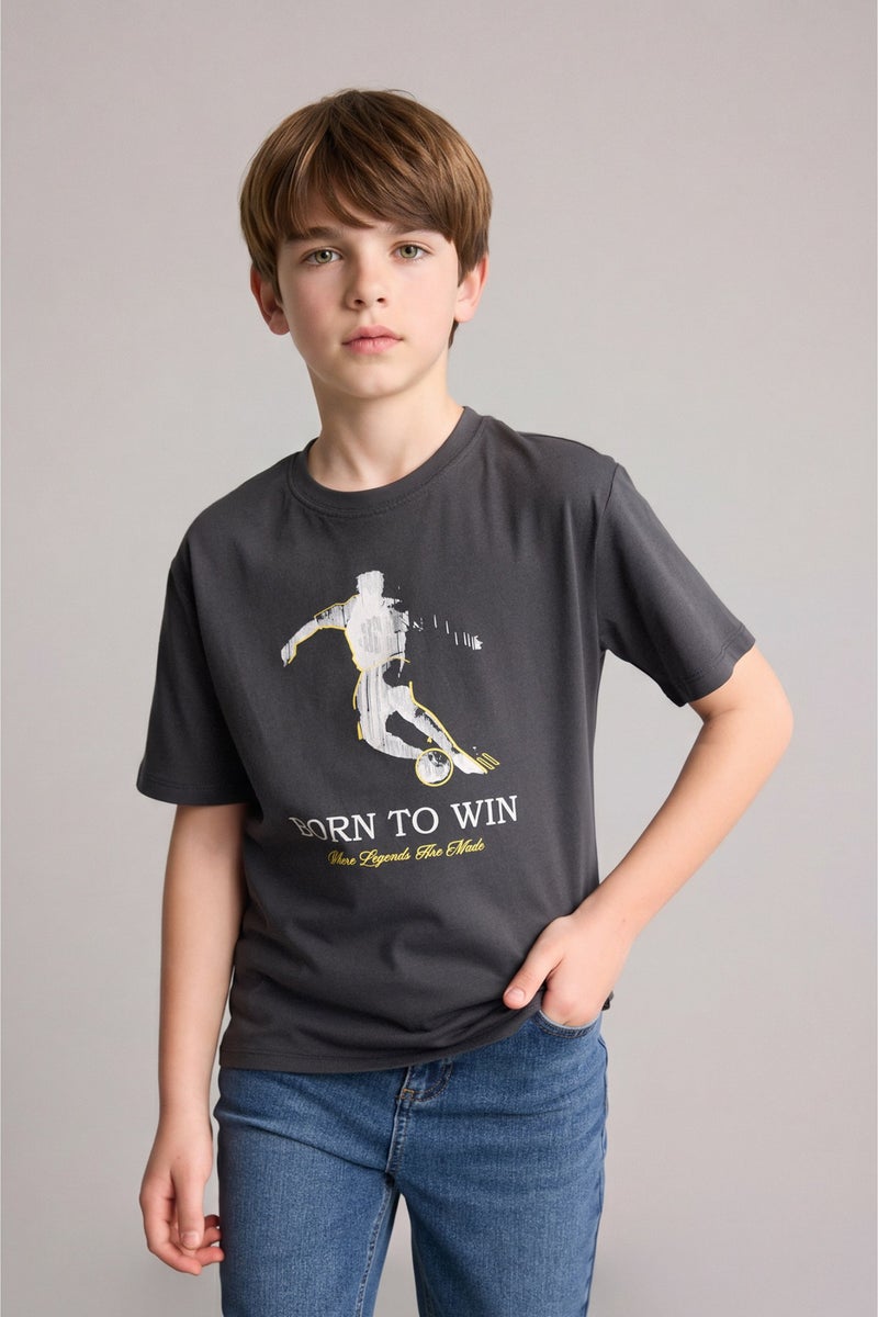 DeFacto Grey Boy Boy New Regular Fit Crew Neck Printed T-Shirt Casual - Image 1