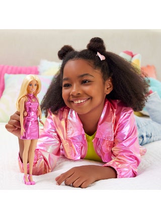 Fashionistas Doll #230 with Blond Hair, Wearing Metallic Pink Minidress with Heart Cut-Out, White Bracelet and Heels - view 2