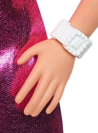 Fashionistas Doll #230 with Blond Hair, Wearing Metallic Pink Minidress with Heart Cut-Out, White Bracelet and Heels - view 5
