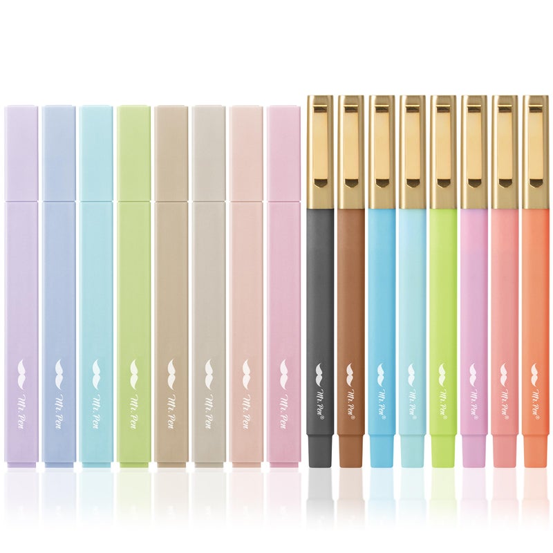 Mr. Pen- Aesthetic Highlighters and Pens, 16 Pack, Black Ink, Pastel Color Highlighters, No Bleed Bible Pens - Image 1