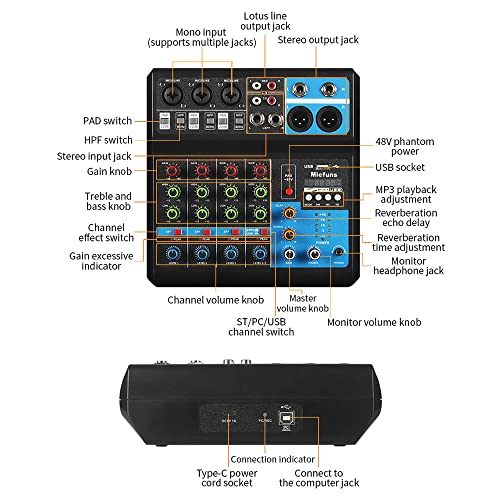 micfuns Mini audio DJ mixer Sound Board Console System,5 Channel 48V Phantom Power with Bluetooth USB MP3 Stereo live DJ Studio Streaming for professional recording party KTV stage - Image 4