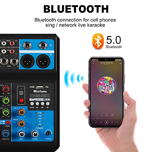 micfuns Mini audio DJ mixer Sound Board Console System,5 Channel 48V Phantom Power with Bluetooth USB MP3 Stereo live DJ Studio Streaming for professional recording party KTV stage - Image 2