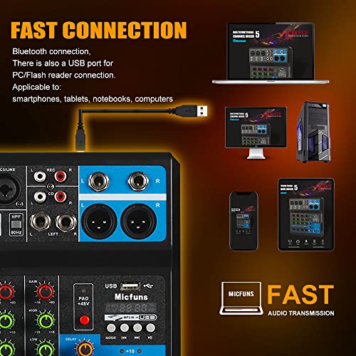 micfuns Mini audio DJ mixer Sound Board Console System,5 Channel 48V Phantom Power with Bluetooth USB MP3 Stereo live DJ Studio Streaming for professional recording party KTV stage - Image 3