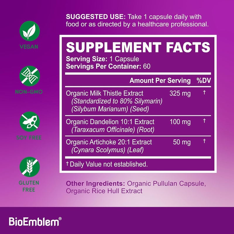 BioEmblem USDA Organic Liver Cleanse  80 Silymarin Milk Thistle Extract for Liver Health and Liver Function with Dandelion  Artichoke Extracts  100 Vegan NonGMO  Herbal Liver  60 Capsules - Image 2