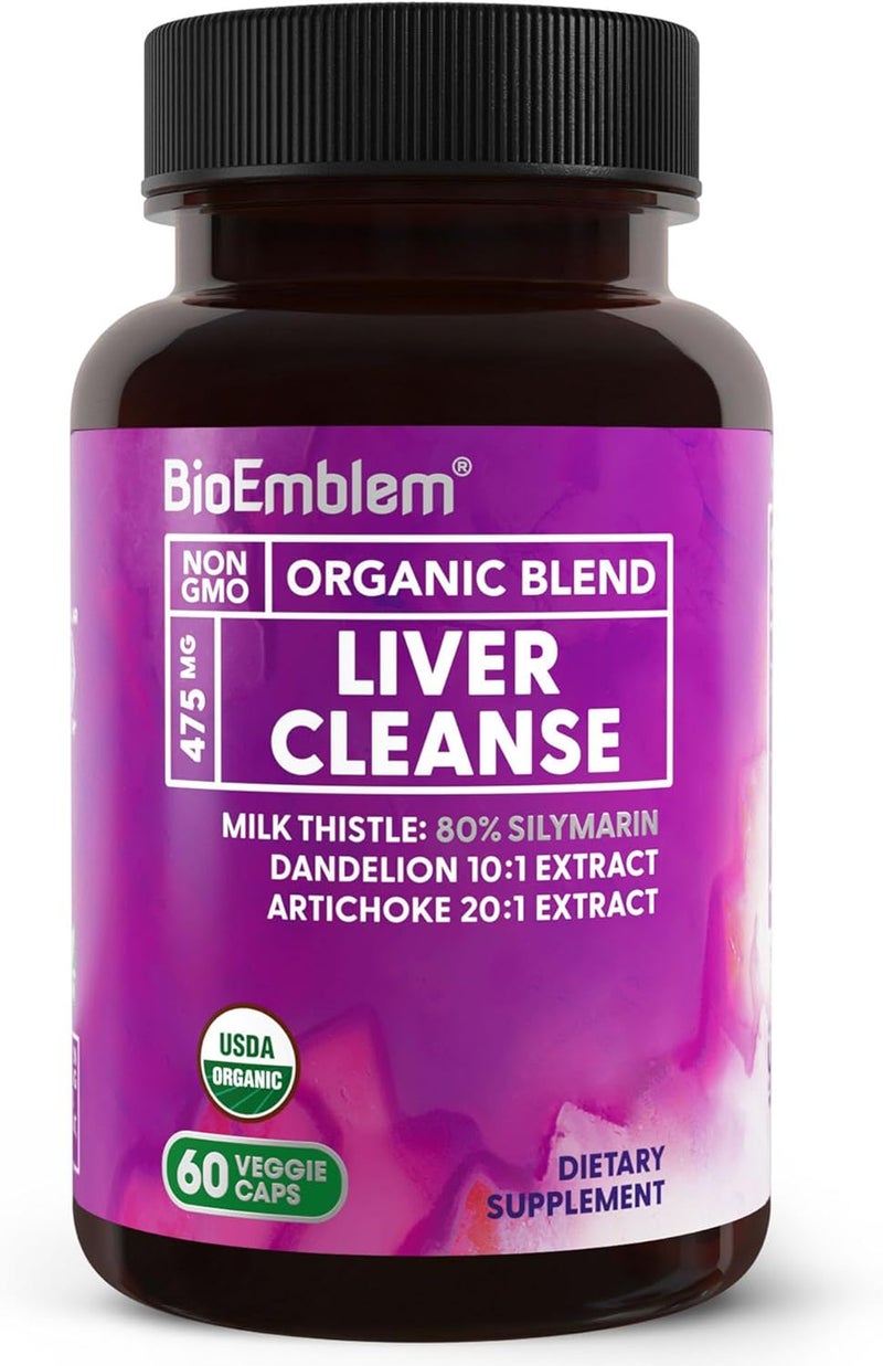 BioEmblem USDA Organic Liver Cleanse  80 Silymarin Milk Thistle Extract for Liver Health and Liver Function with Dandelion  Artichoke Extracts  100 Vegan NonGMO  Herbal Liver  60 Capsules - Image 1