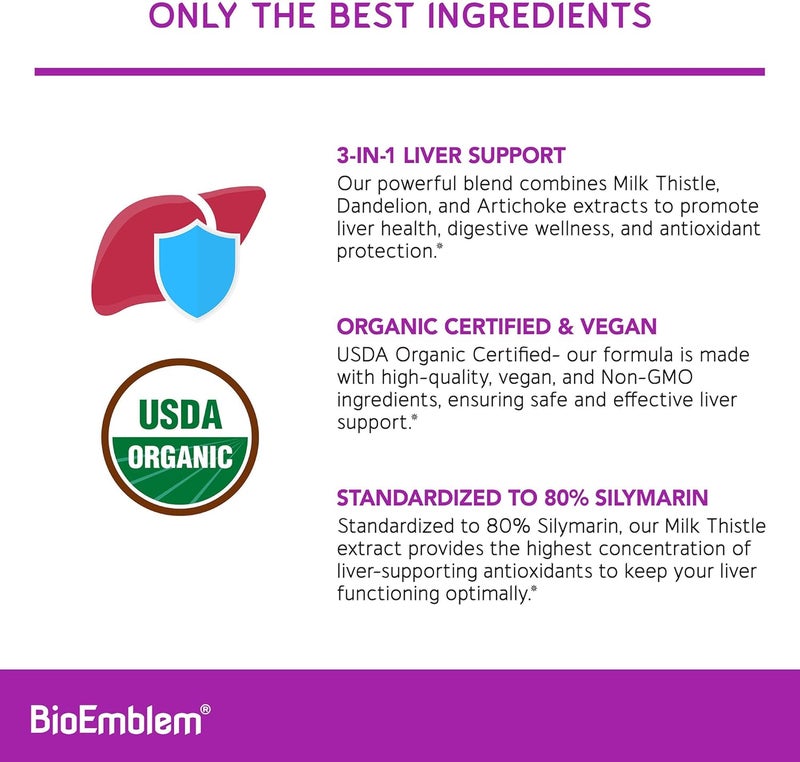 BioEmblem USDA Organic Liver Cleanse  80 Silymarin Milk Thistle Extract for Liver Health and Liver Function with Dandelion  Artichoke Extracts  100 Vegan NonGMO  Herbal Liver  60 Capsules - Image 3