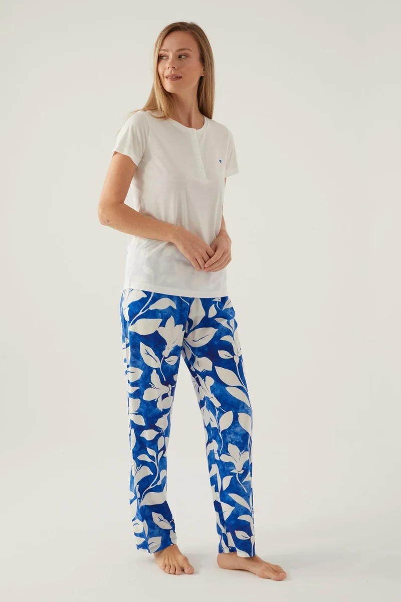pierre cardin Summer Women's Pajama Set, 100% Cotton, Patterned Bottom, Solid Color Top