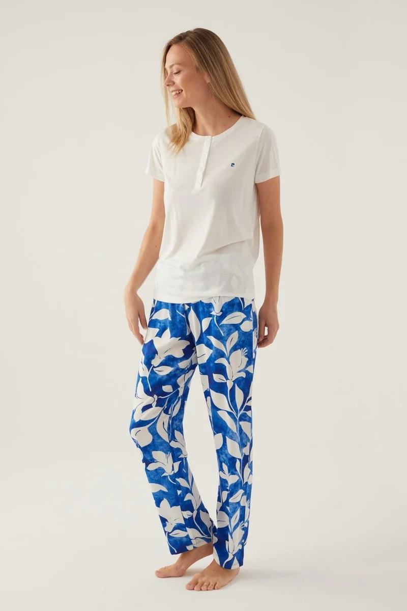 pierre cardin Summer Women's Pajama Set, 100% Cotton, Patterned Bottom, Solid Color Top