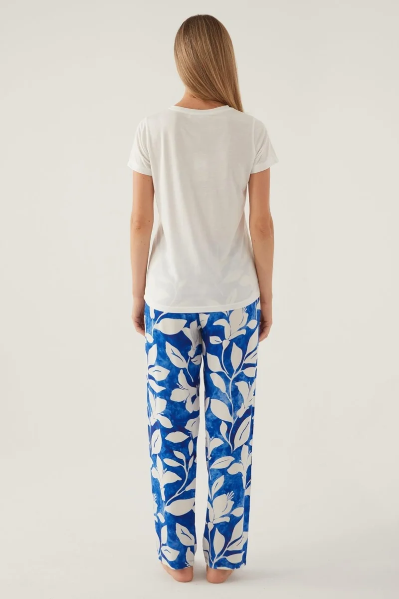 pierre cardin Summer Women's Pajama Set, 100% Cotton, Patterned Bottom, Solid Color Top
