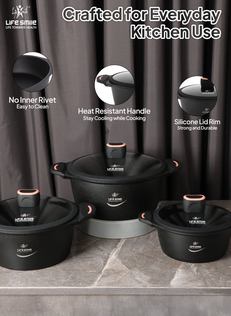 Life Smile 6Pcs Non-Stick Cookware Sets-Titanium Coating Cookwares, Cooking Set Non-Stick Includes 16/20/24cm Casserole with Lid,Oven Safe Aluminium Pots Set - Image 5