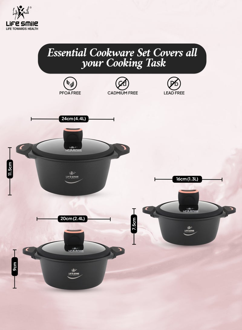 Life Smile 6Pcs Non-Stick Cookware Sets-Titanium Coating Cookwares, Cooking Set Non-Stick Includes 16/20/24cm Casserole with Lid,Oven Safe Aluminium Pots Set - Image 3