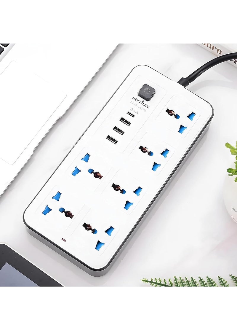 Next Life - 3 Meter Power Extension Cord 6-Power Socket with 3 USB+ 1 type C Charger Station,Office Supplies Protected Extension Cable, Fire Retardant Multi-Plug, Switched Power Strip - Image 1