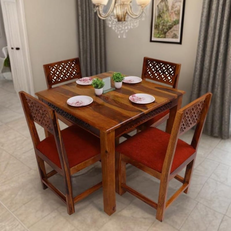 KENDALWOOD Furniture Sheesham Wood 4 Seater Dining Table with 4 Chairs and Cushion Honey Finish with Cushion