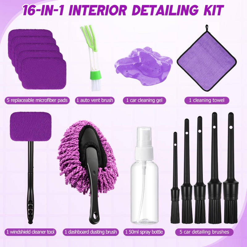 Wovnet 16 Pcs Windshield Cleaner Tool, Car Cleaning Kit with Various Detailing Brushes Set Spray Bottle Cleaner Towel Cleaning Gel Accessories Car Interior Detailing Kit for Windows Vents(Purple) - Image 2