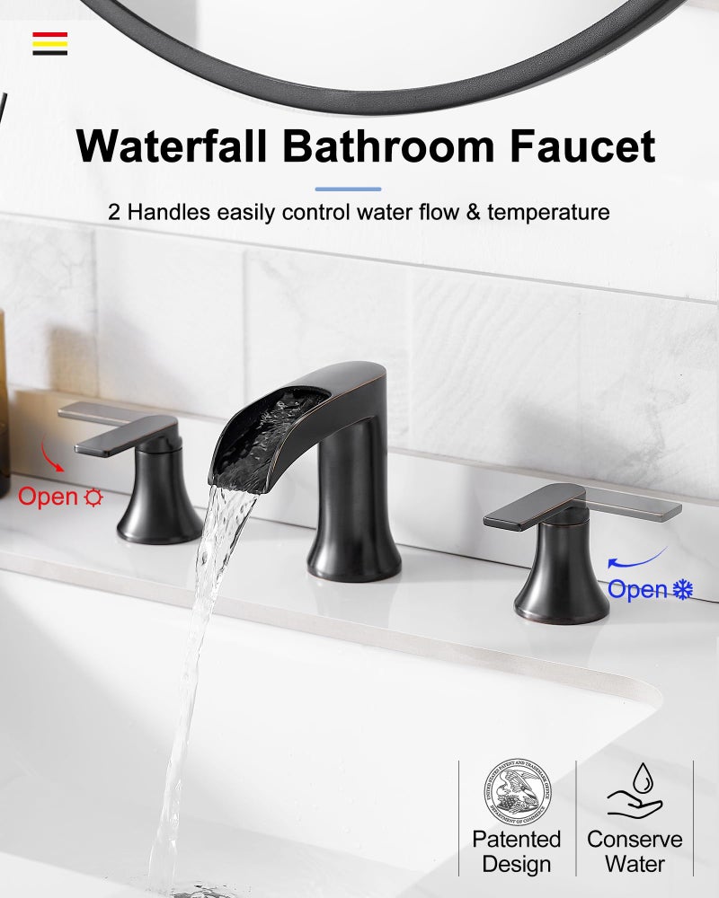 Hoigy Waterfall Faucet Brass Bathroom Sink Faucet 3 Hole  Oil Rubbed Bronze Faucet For Bathroom Sink 2 Handle  Widespread 8 Inch Vanity Faucet Farmhouse Bathroom Faucets With Pop Up Drain Water Hose - Image 2