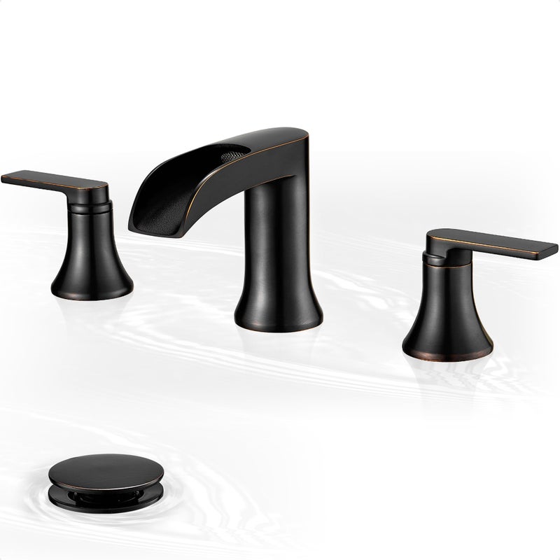 Hoigy Waterfall Faucet Brass Bathroom Sink Faucet 3 Hole  Oil Rubbed Bronze Faucet For Bathroom Sink 2 Handle  Widespread 8 Inch Vanity Faucet Farmhouse Bathroom Faucets With Pop Up Drain Water Hose - Image 1