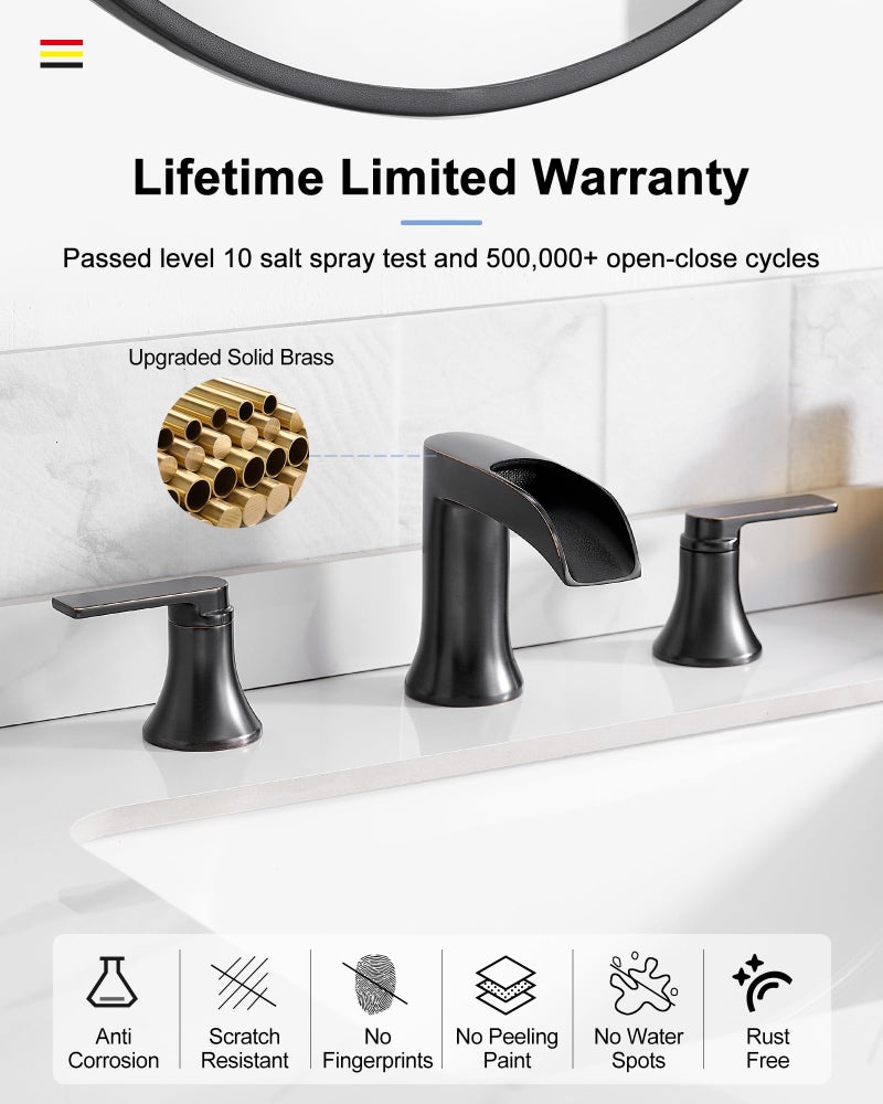 Hoigy Waterfall Faucet Brass Bathroom Sink Faucet 3 Hole  Oil Rubbed Bronze Faucet For Bathroom Sink 2 Handle  Widespread 8 Inch Vanity Faucet Farmhouse Bathroom Faucets With Pop Up Drain Water Hose - Image 5