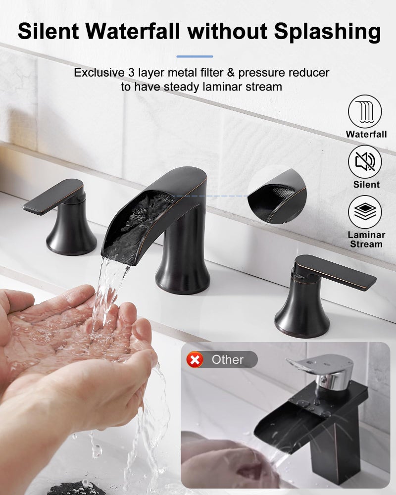Hoigy Waterfall Faucet Brass Bathroom Sink Faucet 3 Hole  Oil Rubbed Bronze Faucet For Bathroom Sink 2 Handle  Widespread 8 Inch Vanity Faucet Farmhouse Bathroom Faucets With Pop Up Drain Water Hose - Image 3
