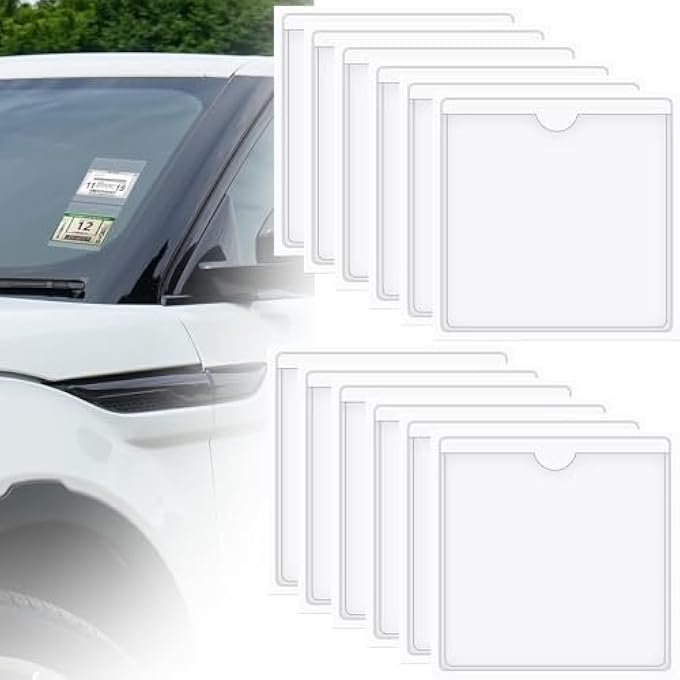 rayihni 12 Pack Parking Permit Holder for Car Windscreen - 12 | Clear Self-Adhesive Card Pockets for ID Badges, Tickets & Labels - Image 1