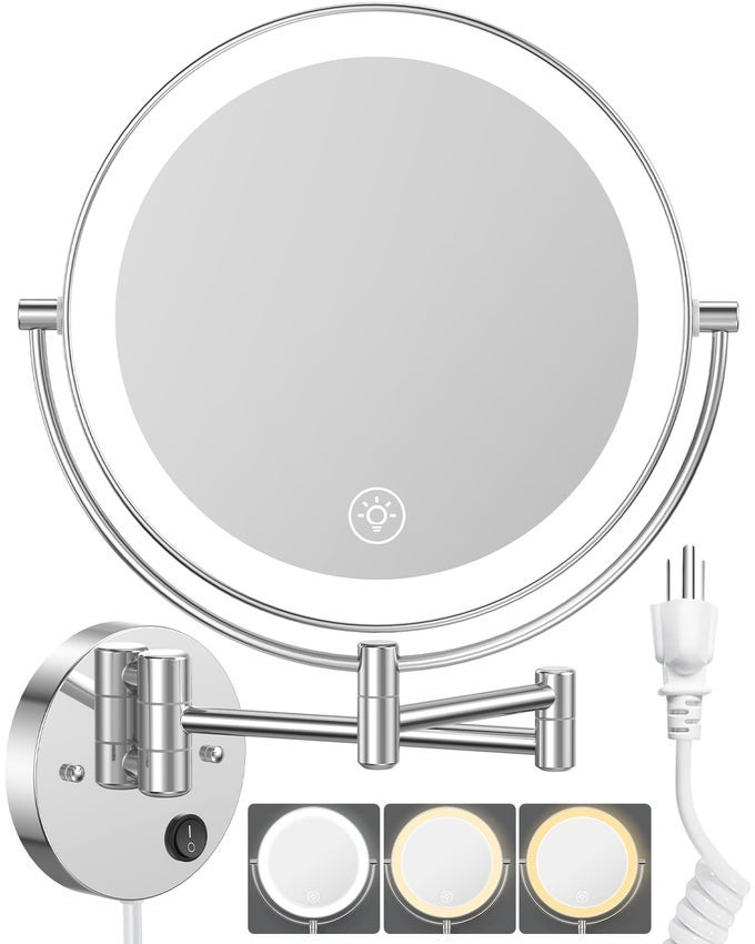 9 LARGE WALL MOUNTED LIGHTED MAKEUP MIRROR 1X10X MAGNIFYING DOUBLESIDED AC POWERED BATHROOM MIRROR WITH 3 COLOR LIGHTS TOUCH DIMMABLE EXTENDED ARM 360 ROTATION