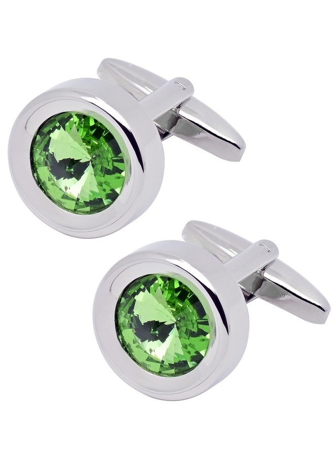 Jonwo Round Green Crystal Men'S Cufflinks In Gift Case Classic Round Silver Crystals Cufflinks For Men Jewelry For Wedding Party Business Birthday Anniversary Dress - Image 1
