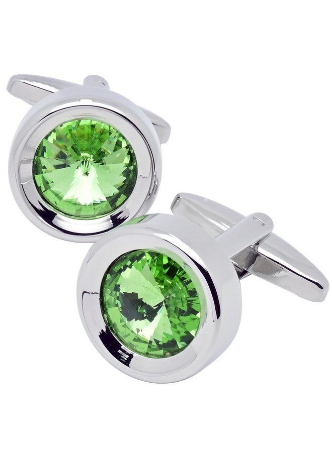 Jonwo Round Green Crystal Men'S Cufflinks In Gift Case Classic Round Silver Crystals Cufflinks For Men Jewelry For Wedding Party Business Birthday Anniversary Dress - Image 3
