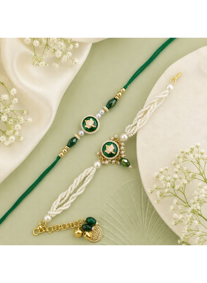 Bhaiya Bhabhi Rakhi Lumba Set - Green & White Decorative Raksha Bandhan Bracelets